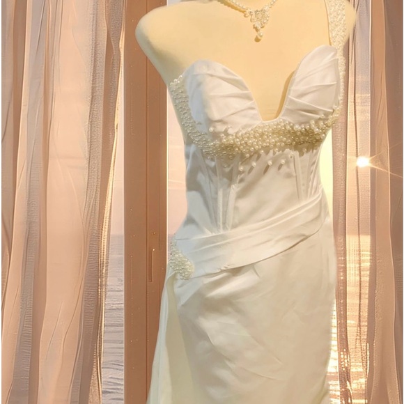 Mermaid One Shoulder Ivory Beaded Ruffles Long Prom wedding Evening Formal - Picture 4 of 7